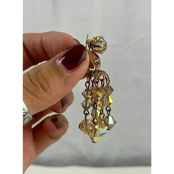 VTG Crystal Chandelier Clip On Earring Brown Iridescent Beaded Dangle 2" Long - Picture 11 of 16